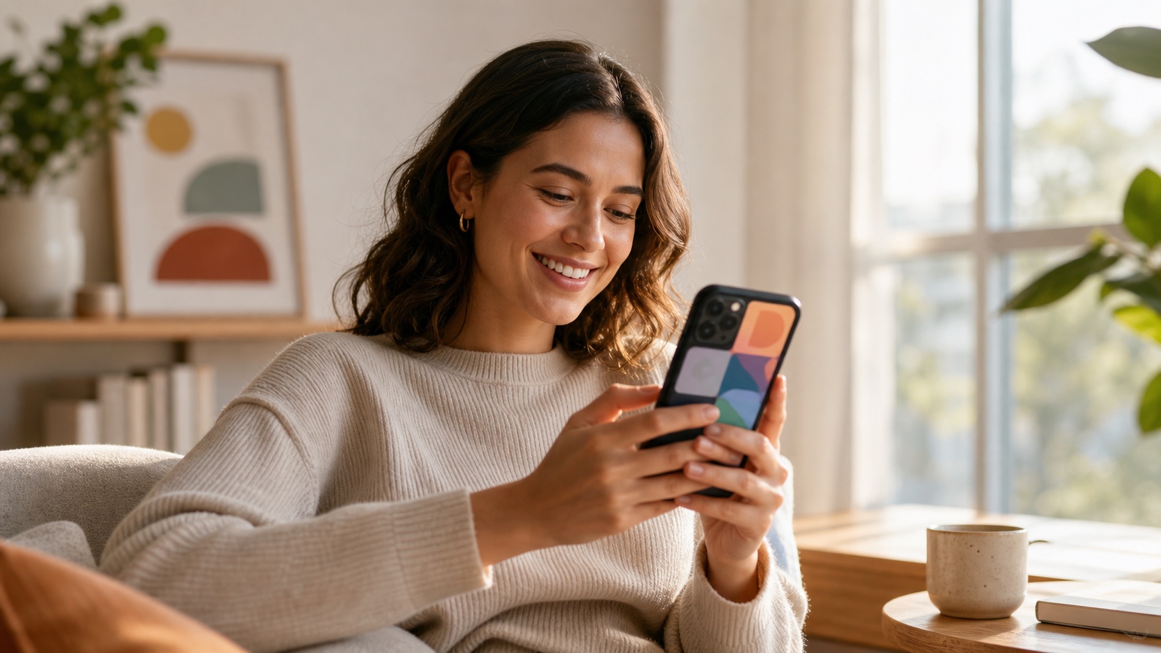 A delighted person using an AI mobile app in a bright setting