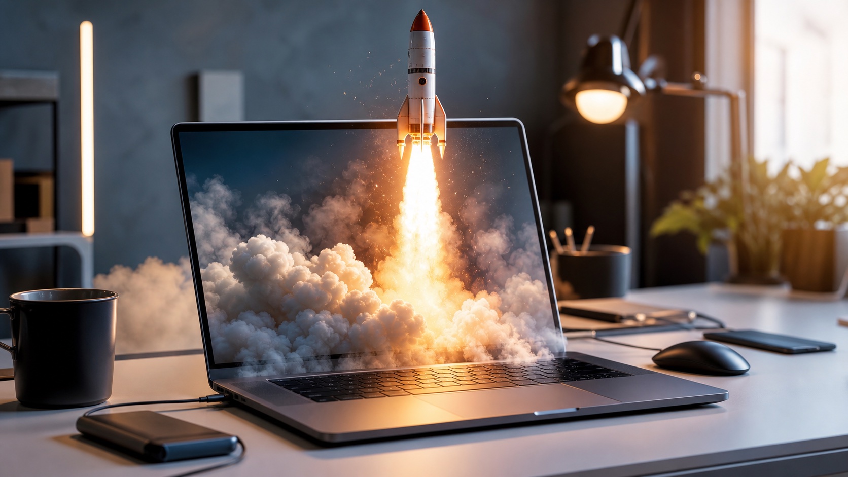A rocket launching from a laptop in a product studio workspace