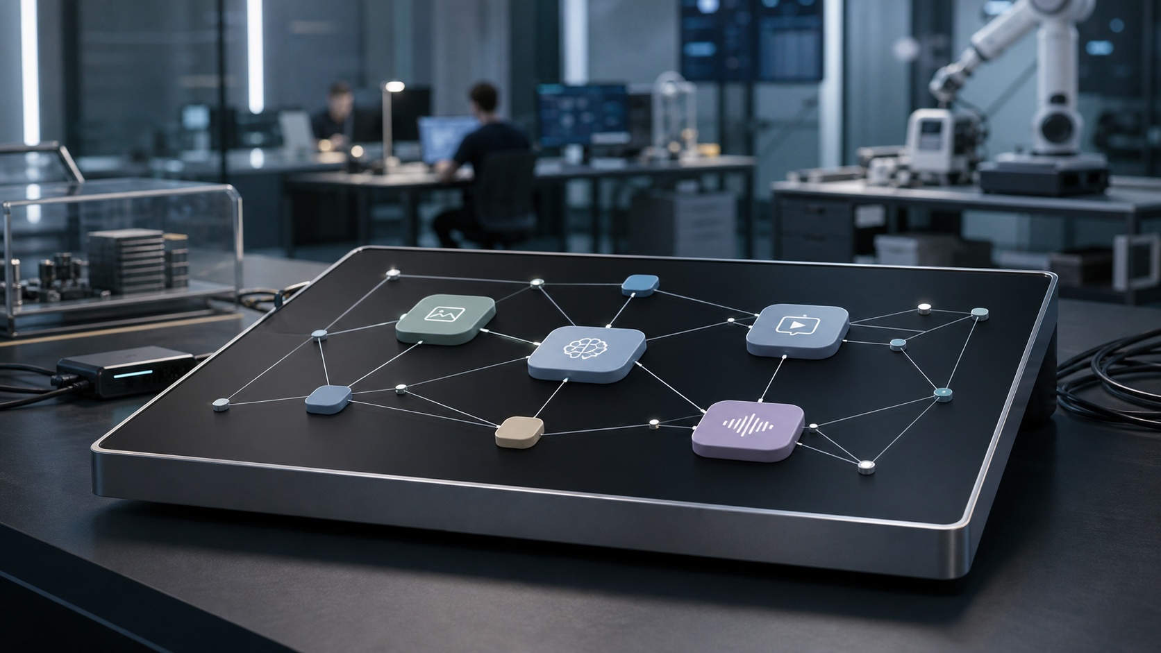 A sleek tabletop AI model architecture display in a lab