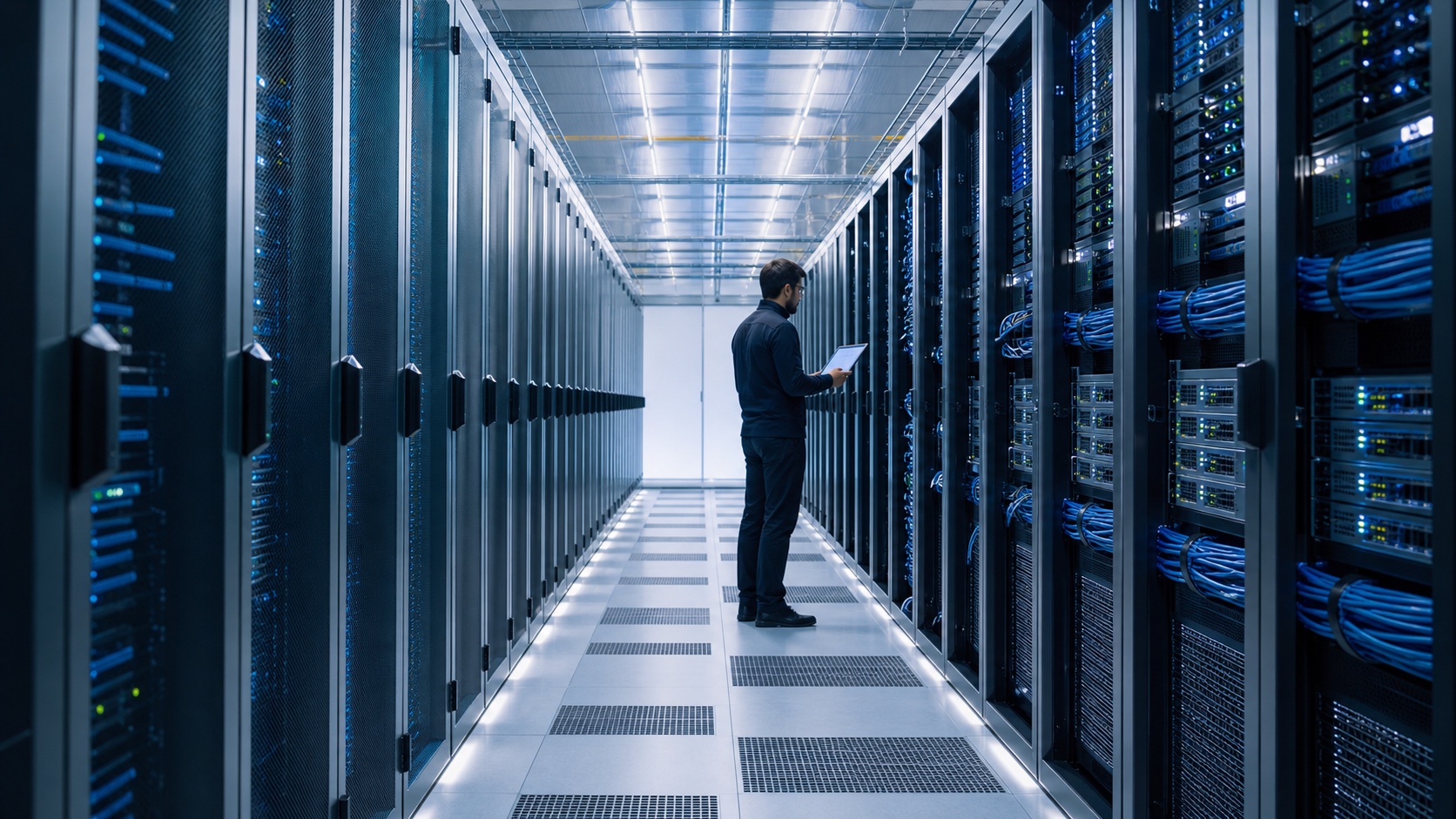 A modern data center corridor with an engineer reviewing infrastructure